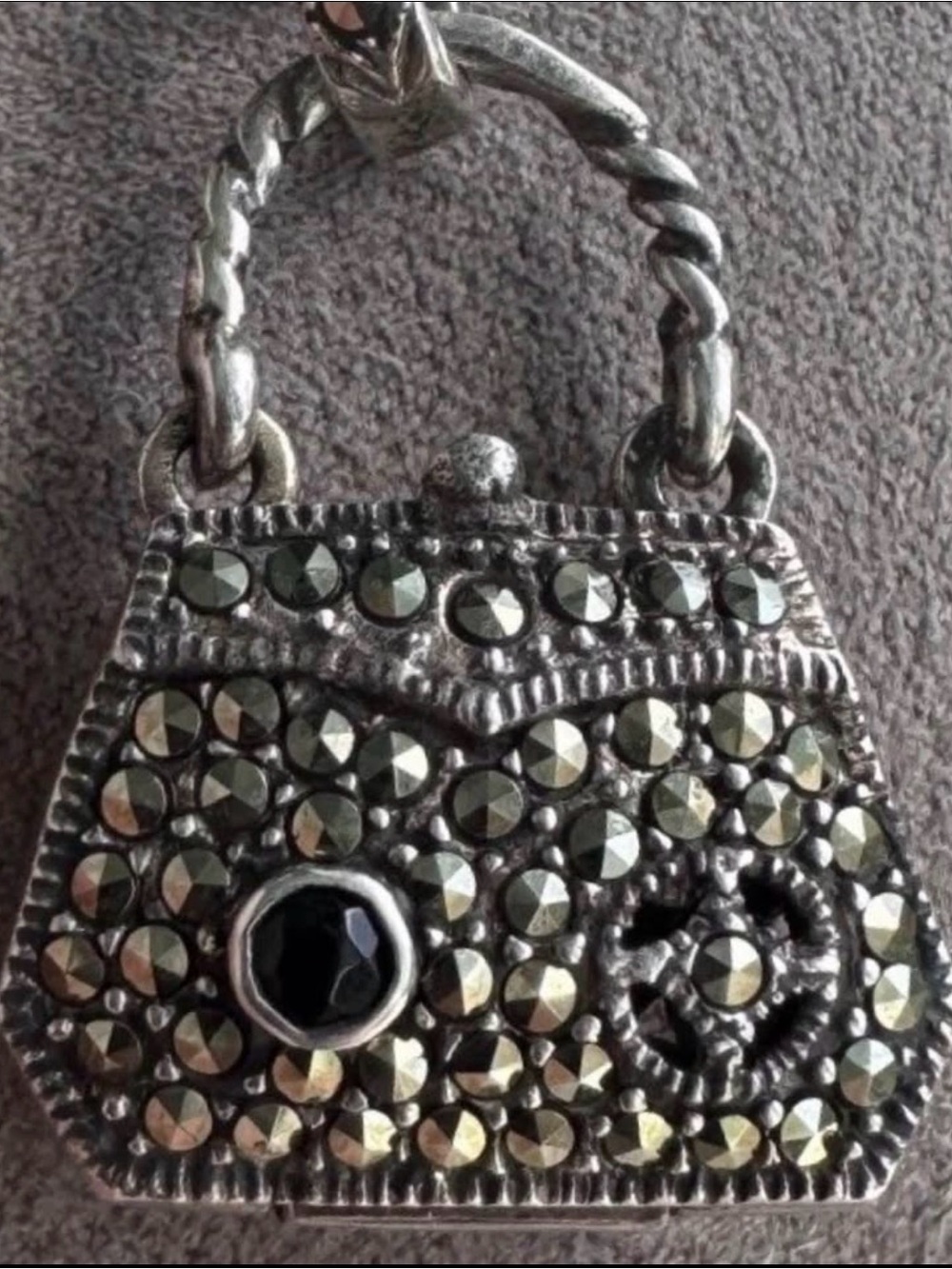 925 Sterling Silver Marcasite Purse Locket Pendant Vintage NOS